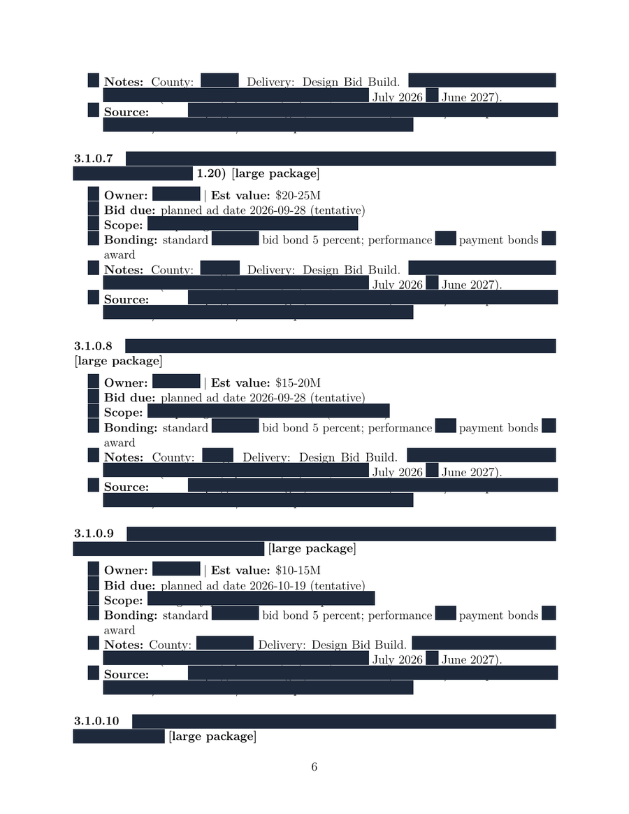 Redacted bid calendar page showing estimated values of $20-25M and $15-20M with names blacked out