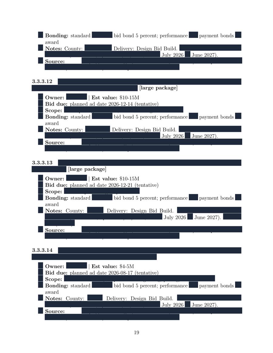 Redacted bid calendar page showing estimated values around $10-15M with names blacked out