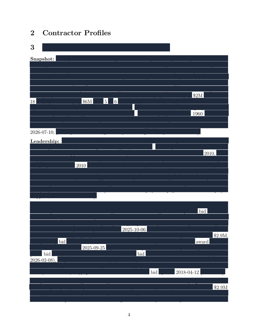 Redacted contractor dossier page with structural headings visible and identifying details blacked out
